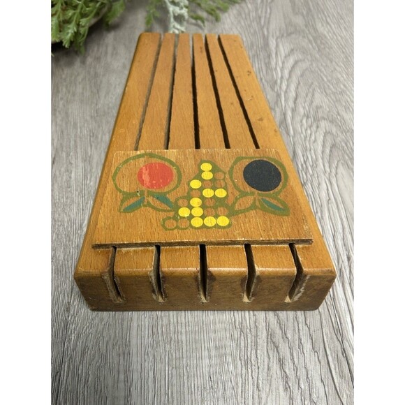 Vintage Knife Holder Wooden Farmhouse Cottage 5 Slot Hand Painted Fruit Design - Picture 5 of 9